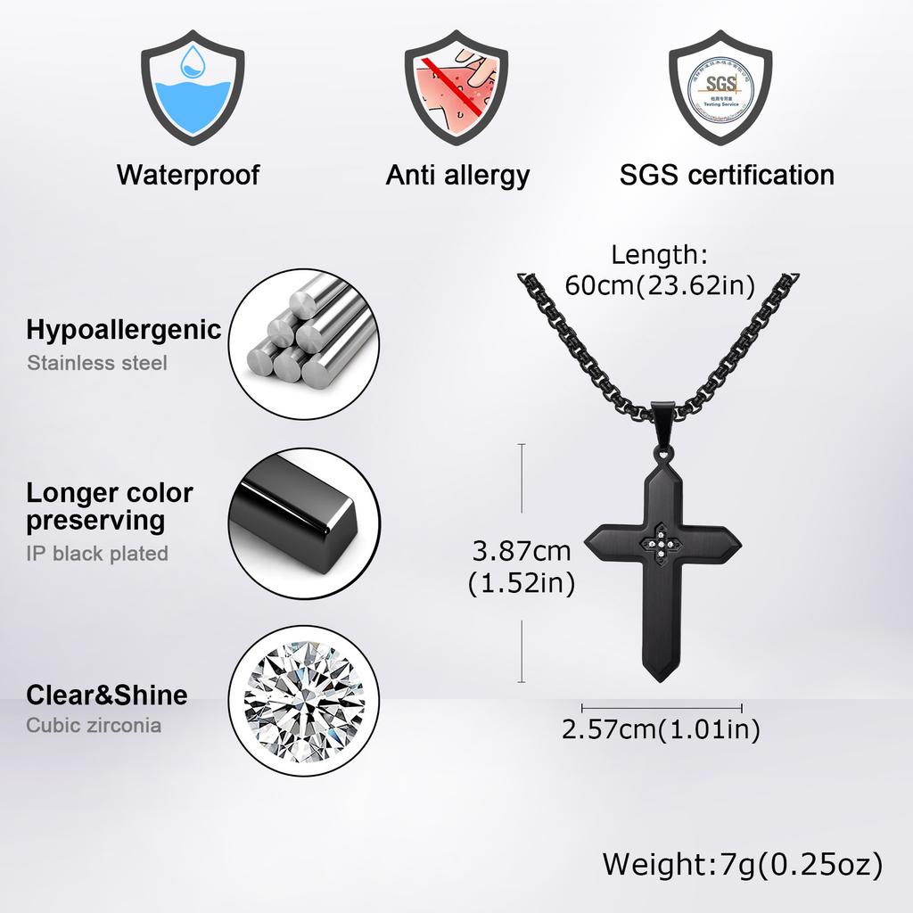 Vnox Stainless Steel 25.7x38.7mm Cross Pendant Necklace with Zircon Stones for Men Women Box Chain Punk Jewelry Gift Anniversary