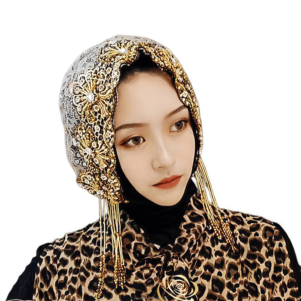 YASEEN New Beaded Rhinestone Lace Headwrap Hat Fashionable Comfortable Stretchable Easy Wear Ethnic Style Flower Turban Women