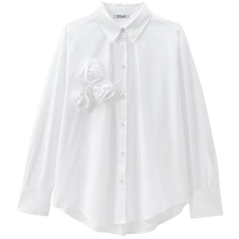 

Fashion Style 2024 Fall and Winter New Women s Texture Flower Decorative Poplin Long Sleeves Lapel Shirt 8741263 White L