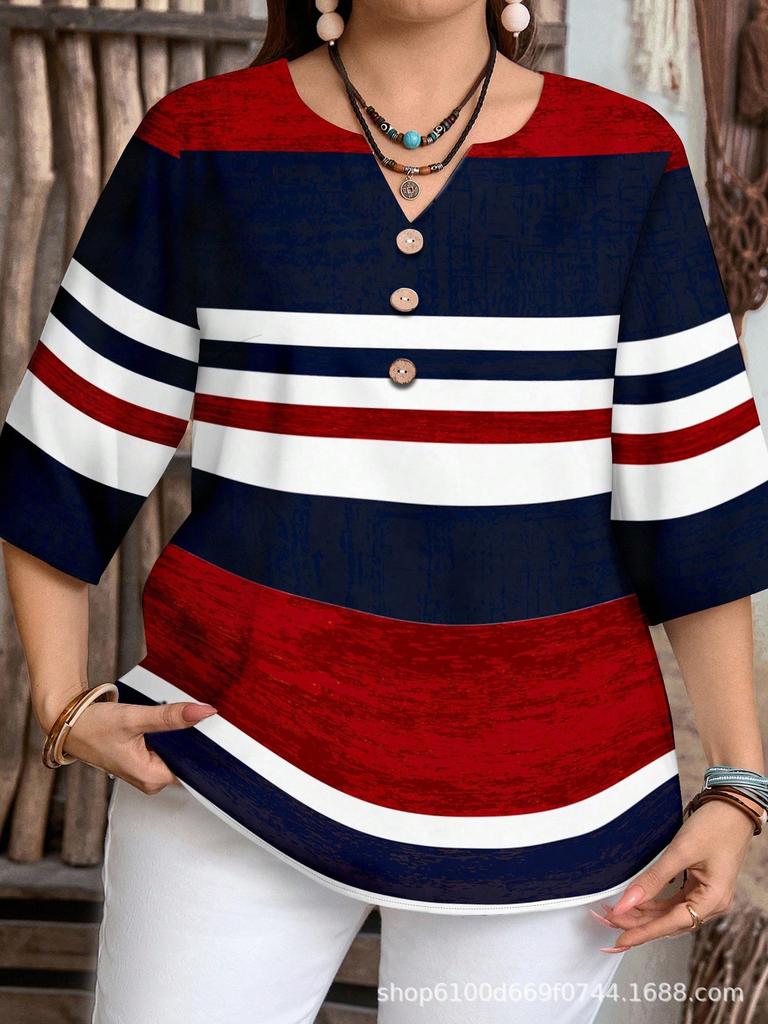 Women's Plus Size Striped Print T-shirt - Spring/Summer Fashion