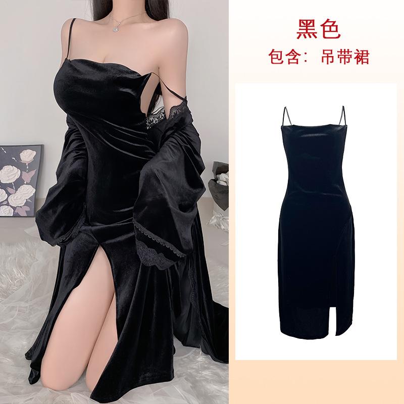 

Французский воротник-стойка, сексуальный разрез, чистое желание, открытая спина, бархатная милая ночная рубашка, простой халат L