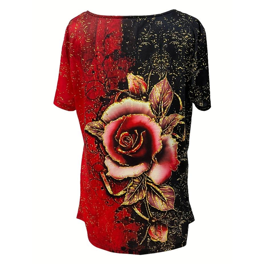Plus Size Women's Casual Rose Print Short Sleeve V Neck Medium Stretch T-shirt - Comfortable, Breathable, Relaxed Fit - Perfect for Daily Wear