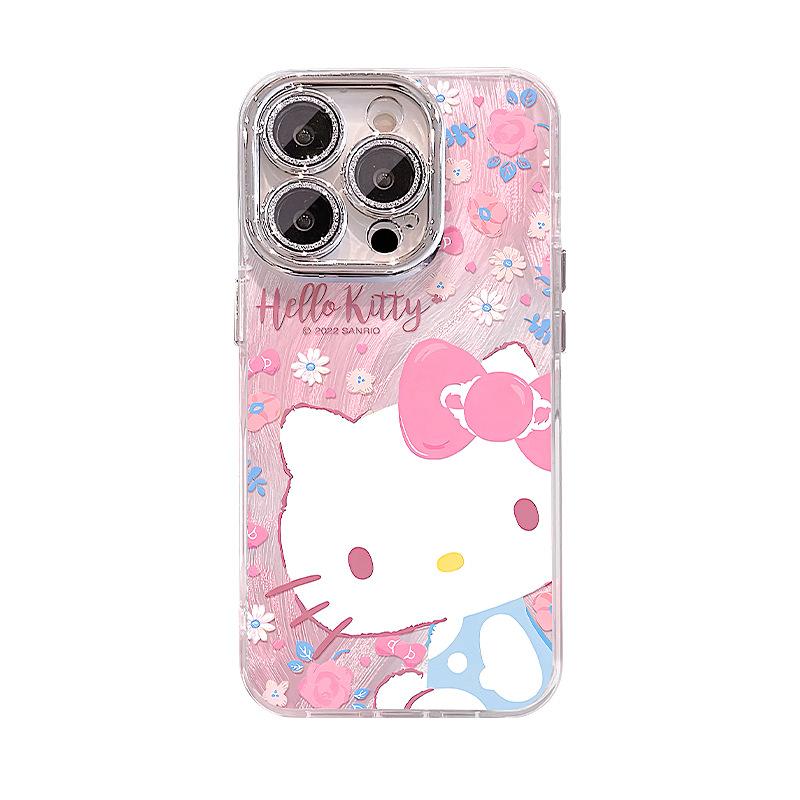 Floral cat bracket bracelet is suitable for Apple 16promax mobile phone case 13 feather lens film 14 cute cartoon