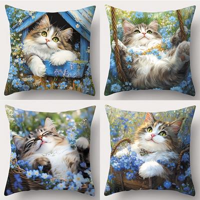 Stampe di Gatti Carini su Fiori Blu Cuscini Decorativi Federa in Poliestere, Copricuscino Decorativo per Divano Cuscino per Testiera