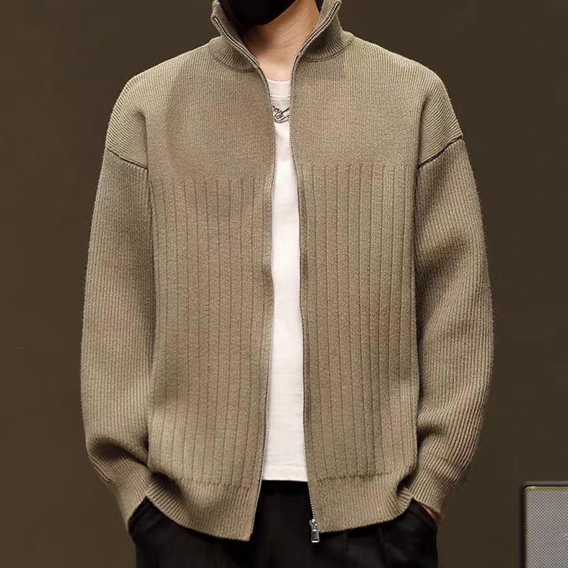Men Striped Open Front Knit Cardigan Warm Business Outerwear Coat