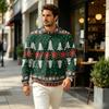 Men's Fall Casual Outdoor Pullover, Long Sleeve Collared Top with Pocket and Christmas Print