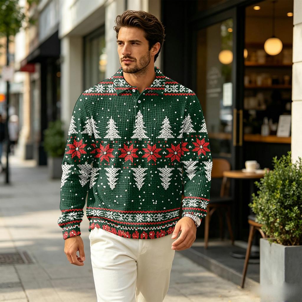 Men's Fall Casual Outdoor Pullover, Long Sleeve Collared Top with Pocket and Christmas Print