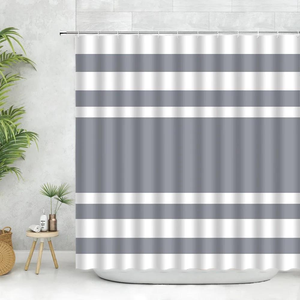 Geometry Shower Curtain Set Striped Splicing Pure Color Fabric Modern Home Bathroom Decoration Taupe Green Grey Curtains Hooks