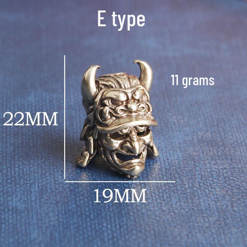 Vintage Brass Samurai Helmet Pendant - Three-Way DIY Accessory with Knife Design, Wallet Button, and Personality Bronze Ware