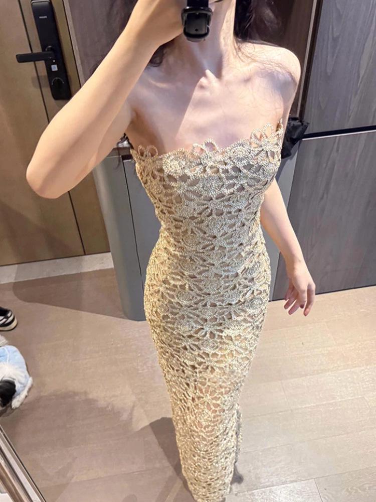 Elegant Women's Lace Evening Gown - Waist-Cinching, Hollow Floral Design