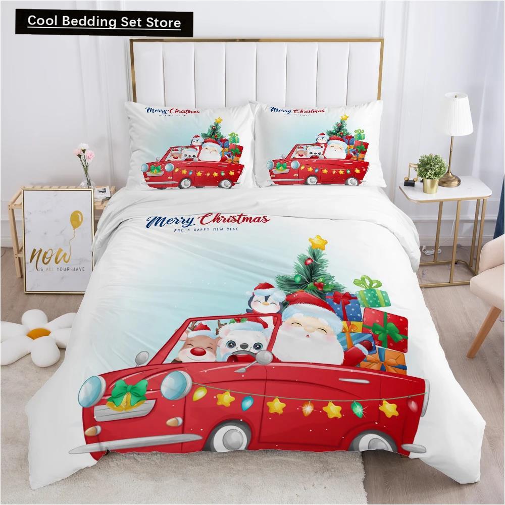 Merry Christmas King Queen Duvet Red Cartoon Santa Car Animals Bedding Set for Children Boy Girl Happy Holiday Theme Quilt Cover