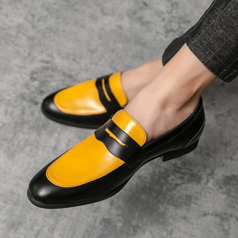 New Men's Low-top Office Dress Leather Shoes Men's Large Size Black and White Color Matching Leather Shoes One Foot Loafers