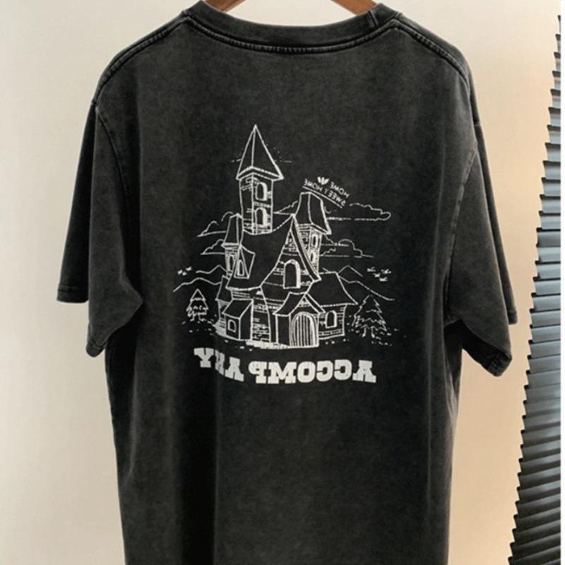 Women's Retro Black Distressed Short Sleeve Casual T-Shirt