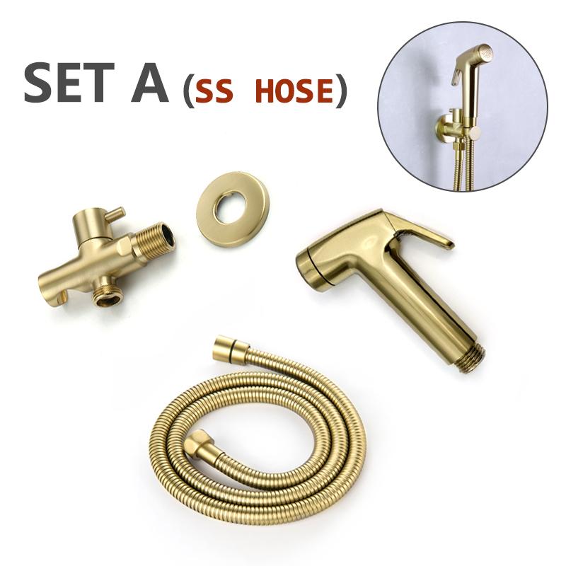 Bidet Sprayer Brushed Gold Bathroom Clean Toilet 2 Functions Water Flow Brass Body Stainless Steel/PVC Hose