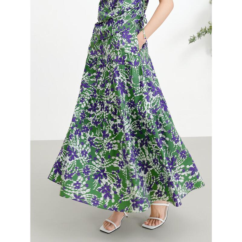 JUZUI Retro French Color-Block Floral Print A-line Midi Skirt