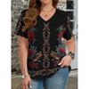 Ethnic Style T-Shirts Vintage Floral 3D Print Women's V-Neck Short Sleeve T Shirt Y2k Harajuku Tees Casual Tops Female Clothing