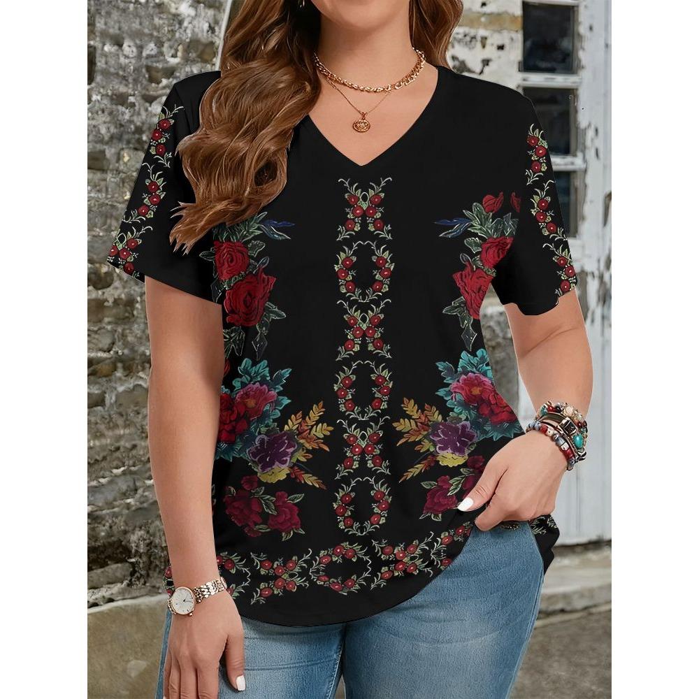 Ethnic Style T-Shirts Vintage Floral 3D Print Women's V-Neck Short Sleeve T Shirt Y2k Harajuku Tees Casual Tops Female Clothing