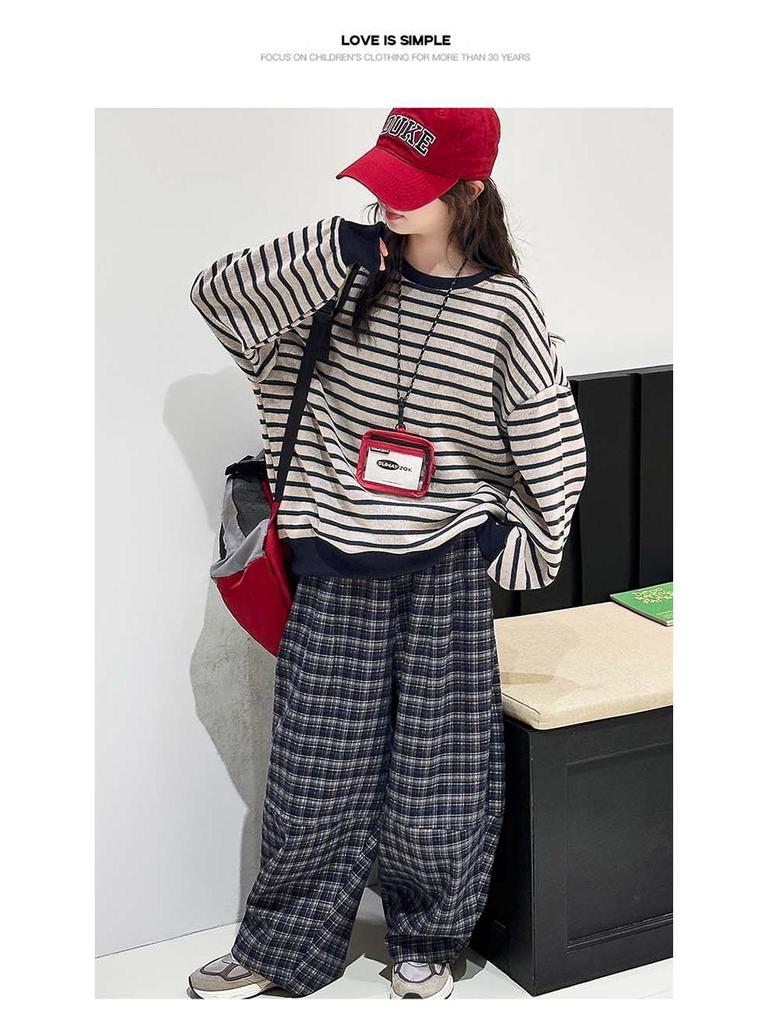 2025 Herbst Mädchen Gestreiftes Sweatshirt & Karierte Hose Set - Koreanische Studentenmode, Lässiges Zweiteiler