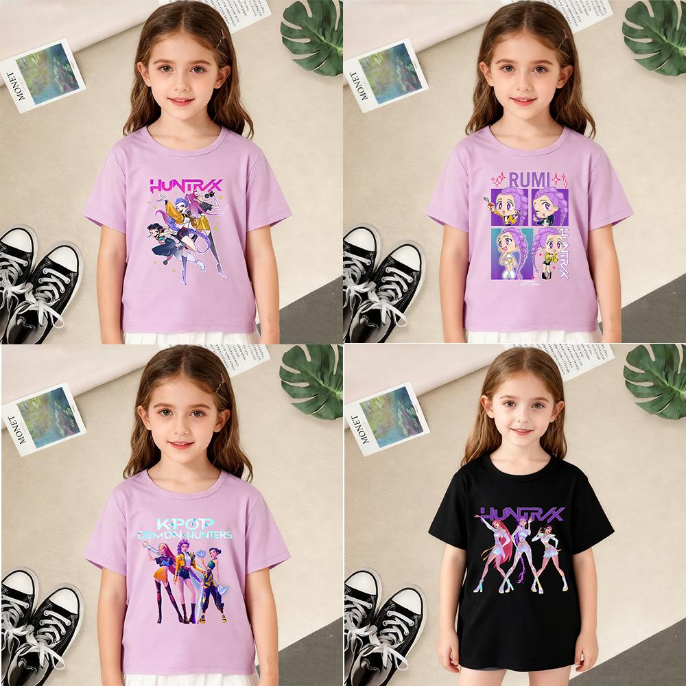 HUNTRX Stoff k-pop Dämonenjäger T-Shirt K pop Ärmel Rumi Mira Zoye Kpop Krieger T-Shirt Huntrix kpop T-Shirt Kinderkleidung