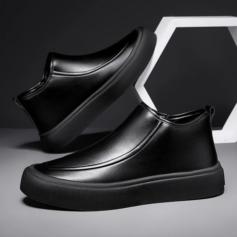 Fashion Leather Men Ankle Boots Slip on High-top Mens Casual Shoes Outdoor Lightweight Comfortable Platform Man Work Boots