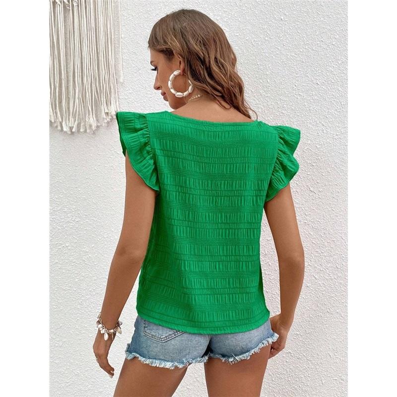   Women's Square Neck Ruffle Sleeve Crop Top Textured Casual Summer Tops