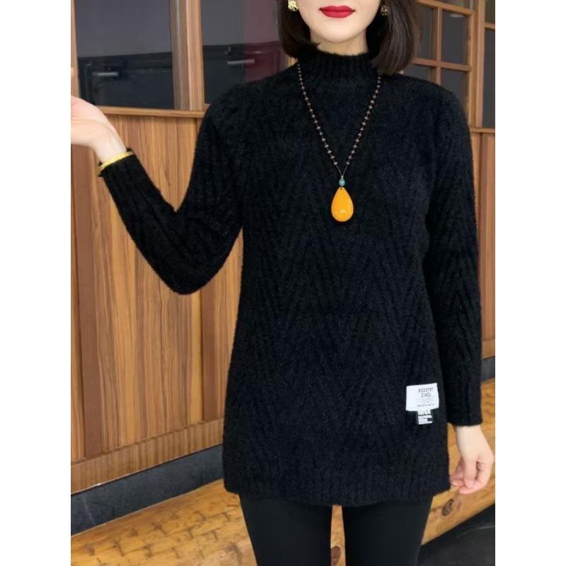 Roupa Outono Inverno Suéter de Comprimento Médio Mulheres Idosas de Meia-idade Solto Estilo Estrangeiro Espessado Camisa de Base Top