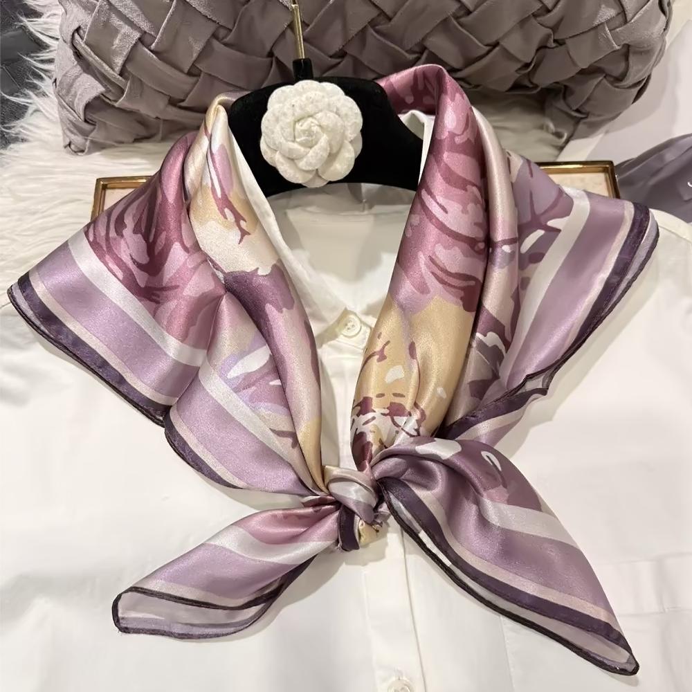 Light  Purple Women'S 100% Mulberry Silk Scarf Neckerchief Spring Fall New Luxury Floral Design Satin Squaresilk Scarves 65*65Cm