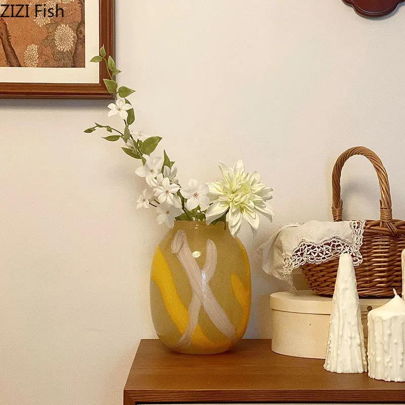 Colorful Stripes Glass Vase Desk Decoration Flower Arrangement Artificial Flowers Decorative Floral Vases Room Aesthetic Decor