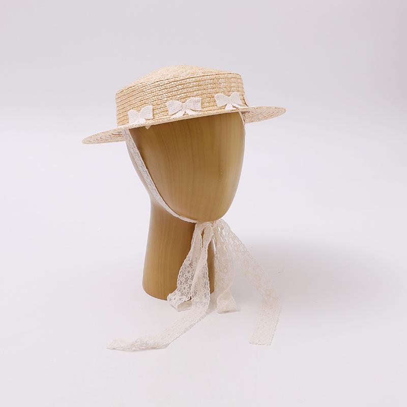 French Bow Decorative Flat Top Straw Hat Summer Holiday Straw Grass Big Edge Hat Women's Seaside Beach Sun Hat