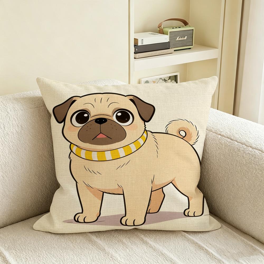 C-Cartoon Pet Pug Cushion Cover Natural Linen Pillowcase Set, All-In-One Decor For Sofa, Bedroom & Chair