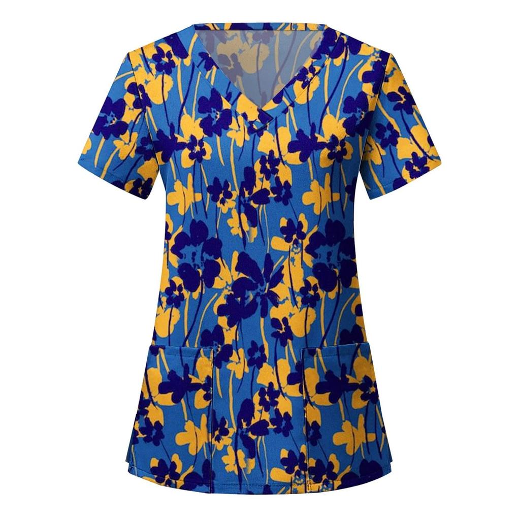 Medical Uniform V-Neck T-Shirts Working Hospital Halloween Short Sleeves Surgical Print Nurse Medical Scrub Print Tops Women Blo
