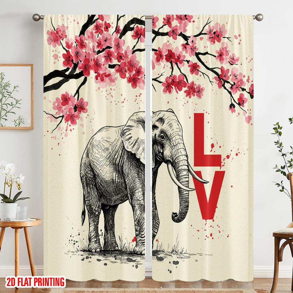 2pcs 2D flat printing Window Drapes Love Elephant Cherry Blossom 100% Polyester Without Electricity Seasonal Party & Holiday