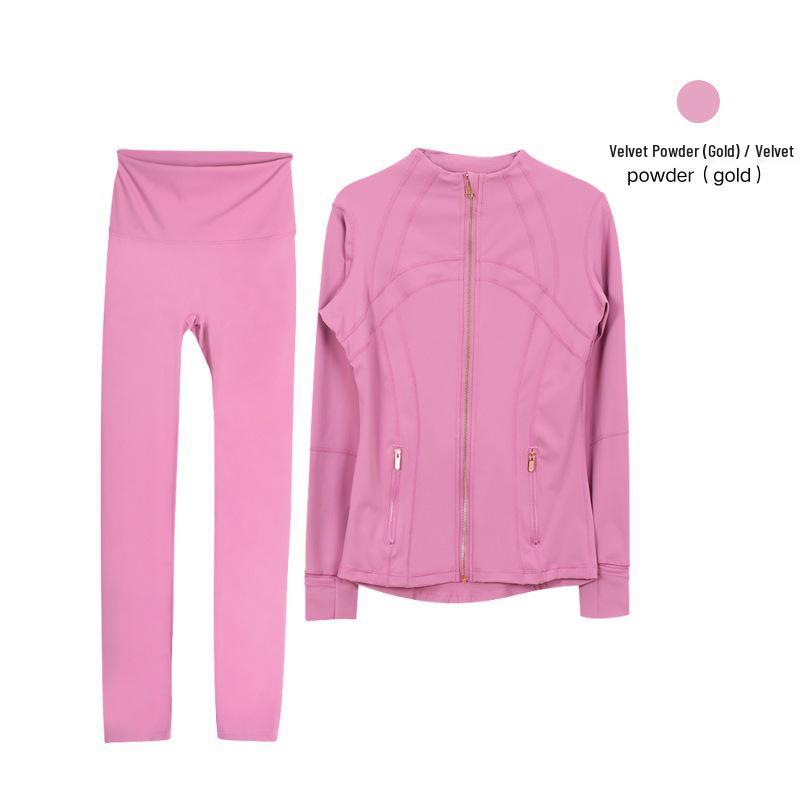 Lulu Original Gold Zipper Stand Collar Jacket & Cropped Yoga Pants Set - Women's Long Sleeve Tight Sports Suit