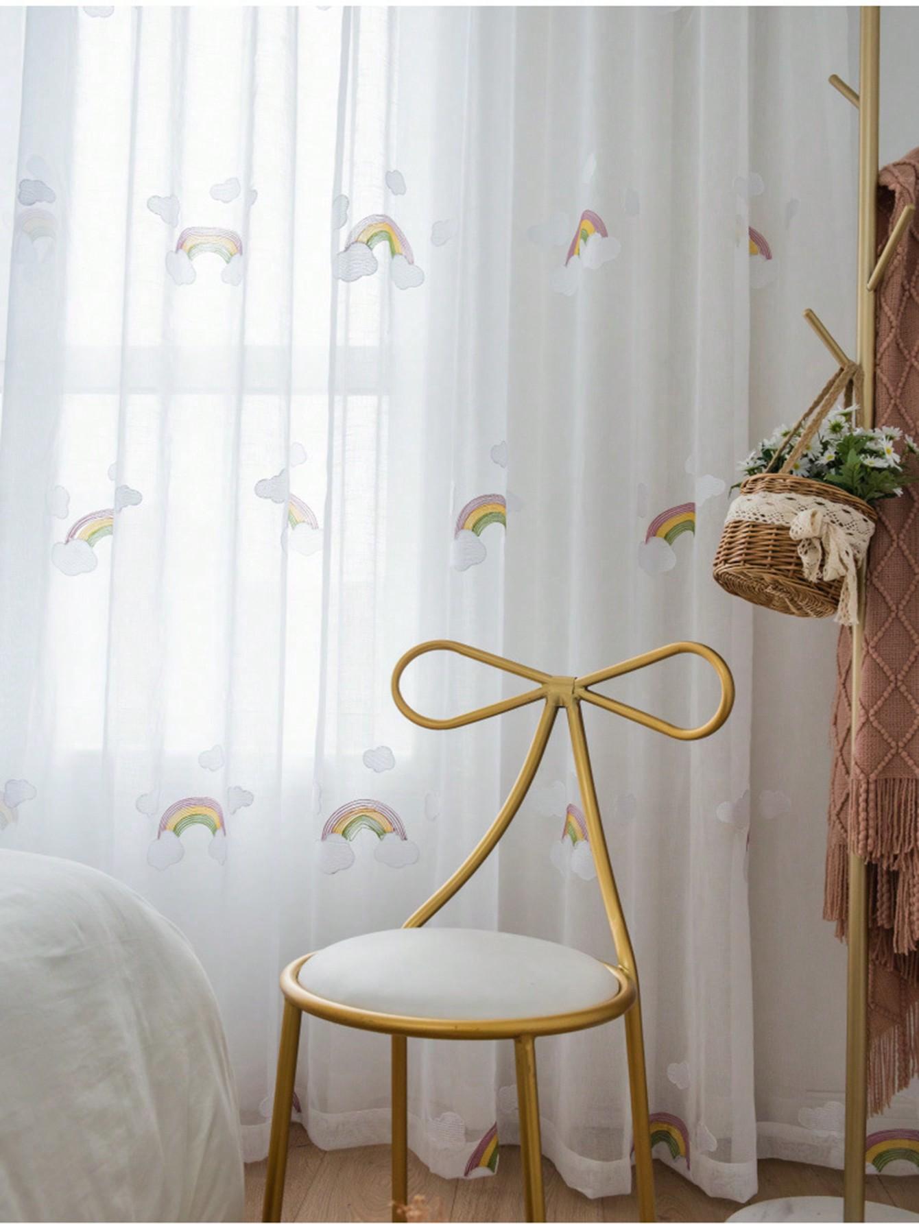 

2pcs Creative Cloud Rainbow Embroidered Window Curtain, Practical Room Drapes, Luxurious Semi-Blind Sheer Curtains 96x200cm&Hook