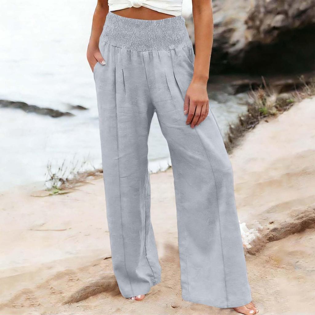 Women's Casual Fashion Cotton Linen Elastic Waist Pants With Pockets