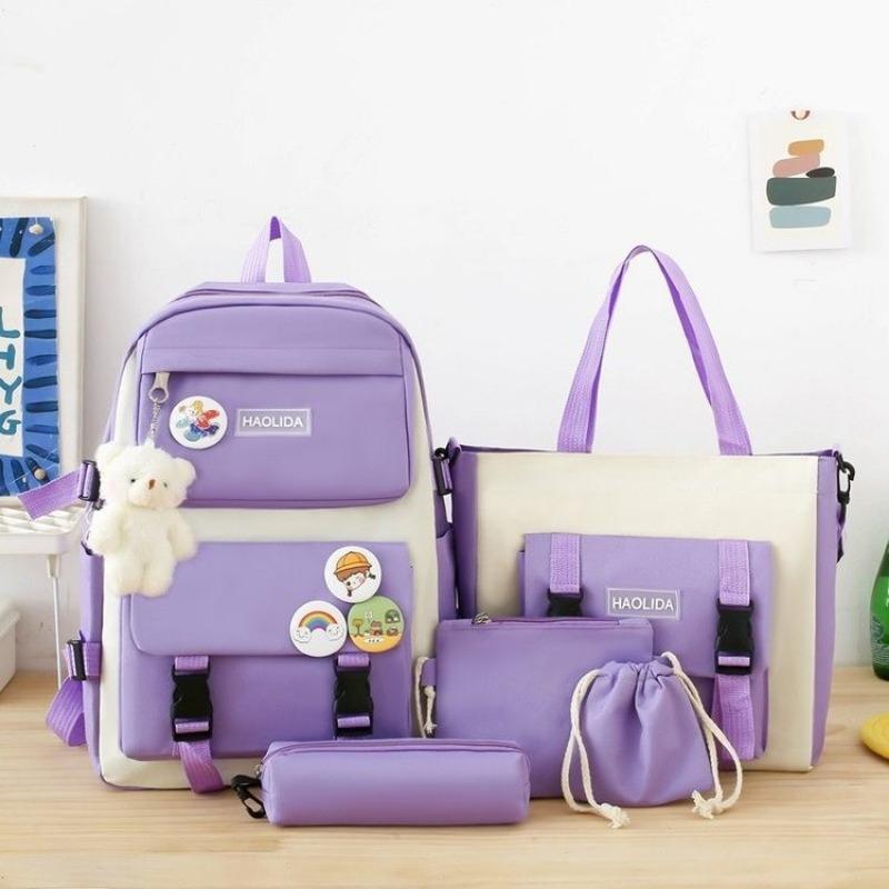 Backpack Four-piece New Schoolbag Simple College Style Backpack Large Capacity Oxford Cloth