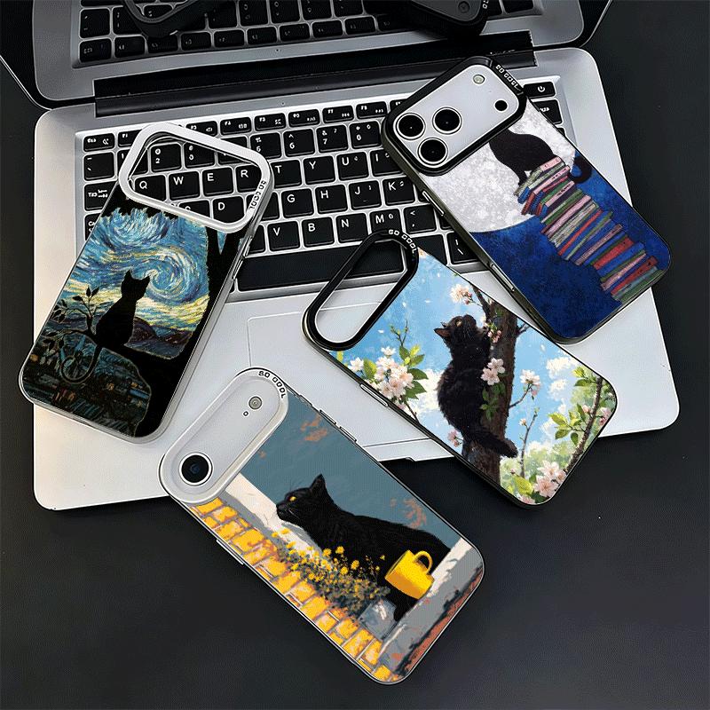 Schwarze Katze Ästhetik Muster Stoßfeste Handyhülle für iPhone 17 Air 16 16E 15 Pro Max 14 Plus 13 Mini 12 Rückseite Anti Fall Fu