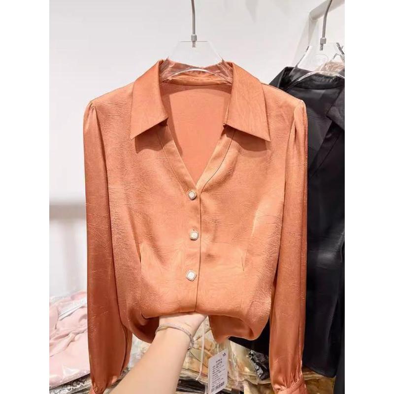 Damen Satin Seide Bluse Revers Knopfleiste Langarm Lässig Büro Oberteil