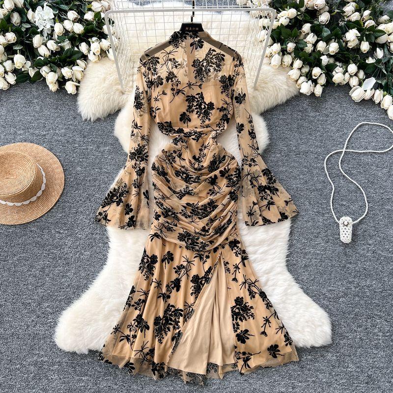 Fancy Adult Lady Like Woman Wear Sexy See-through Mesh Flared Sleeves Retro Print Silm Split Fishtail Skirt Dress