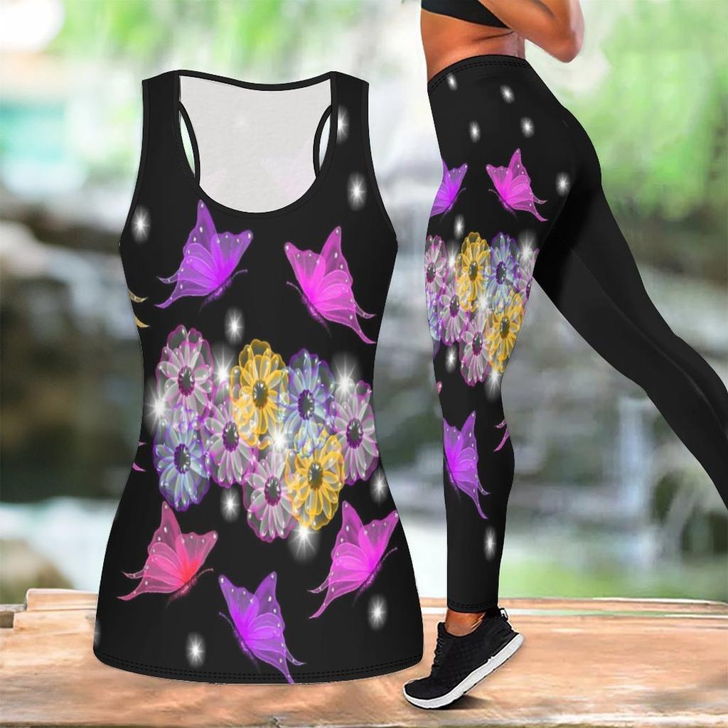 Butterfly Print Yoga Outfit for Women Fashion Workout Leggings Fitness Sports Casual Yoga Set Sports Suit