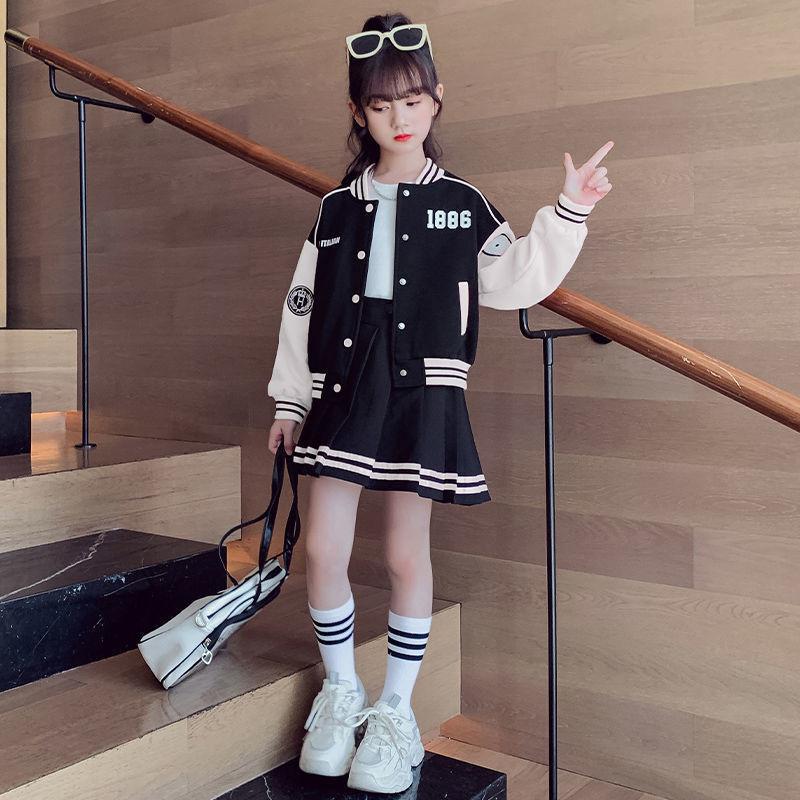 Teen Girls  Suit Baseball Uniform  Fashion Letter Print Patchwork Jacket Coat + Pleated Skirt 2pcs JK Outfits