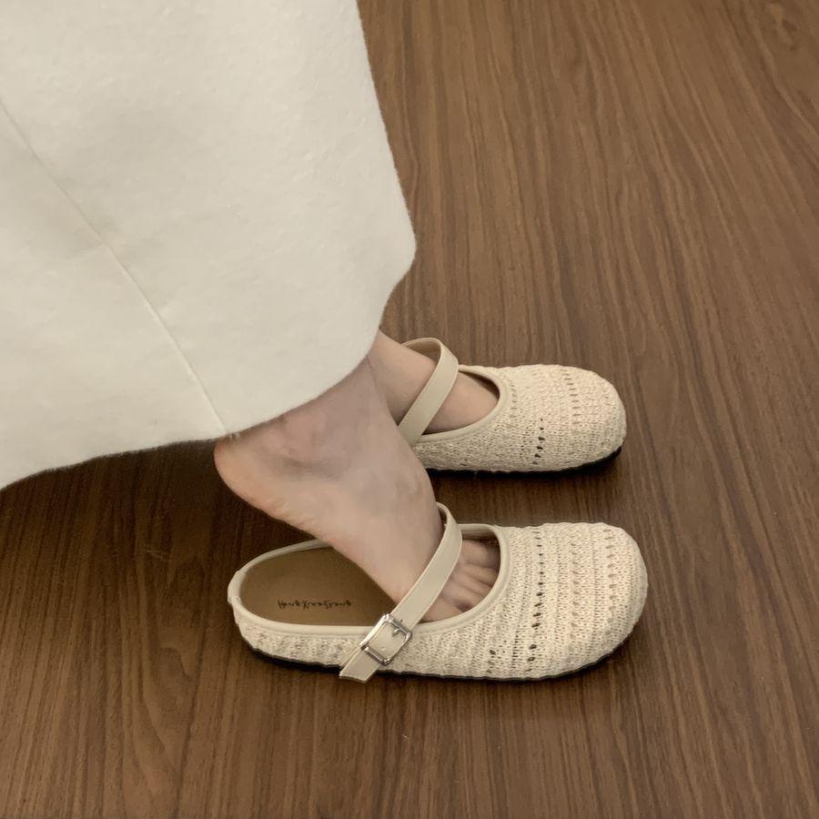 Women's Half Slippers Spring Summer New Vintage Fly Weave Baotou Flats Fashion Square Button Slip on Outdoor Casual Sandals