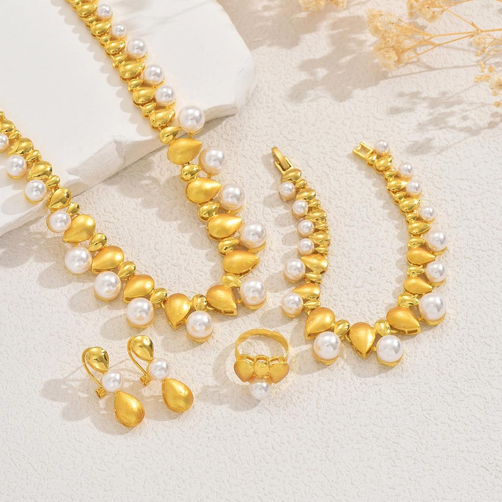 Jewelry Suit Geometric Pearl Long Necklace Earrings All-Match Light Luxury Women's Open Ring