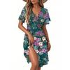 Women's Fashion Short Sleeve Wrap Sundress V-Neck Floral Print Dresses
