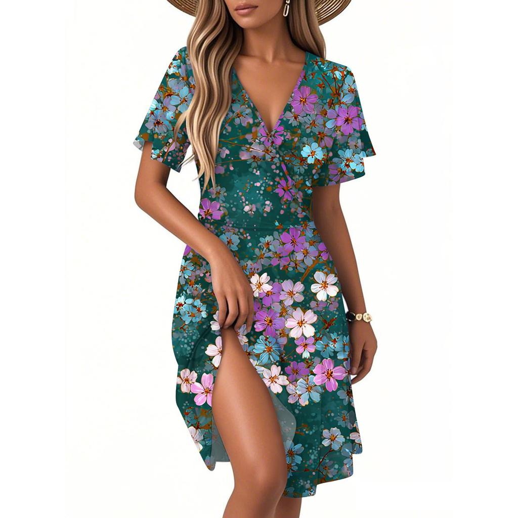 Women's Fashion Short Sleeve Wrap Sundress V-Neck Floral Print Dresses
