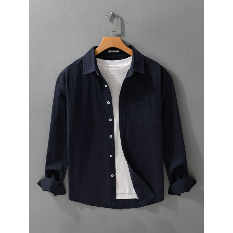 Spring and Autumn Simple Retro Long-Sleeved Shirt Men's Loose Versatile Casual Top Festive Burgundy 100% Pure Cotton