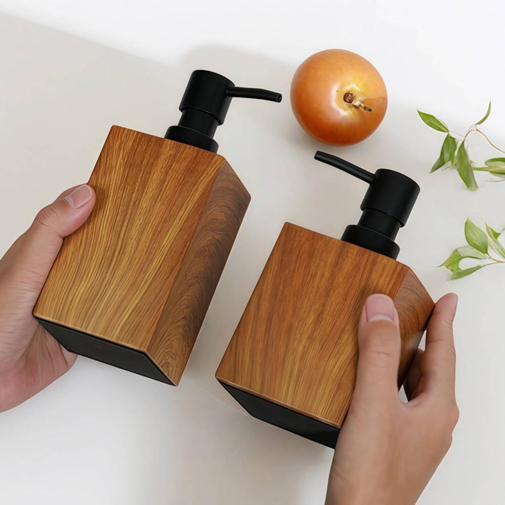 Walnut Texture Pump Bottle Long-Lasting Resin Refillable Shampoo Bottle Square Lotion Dispenser Elegant Design Bathroom