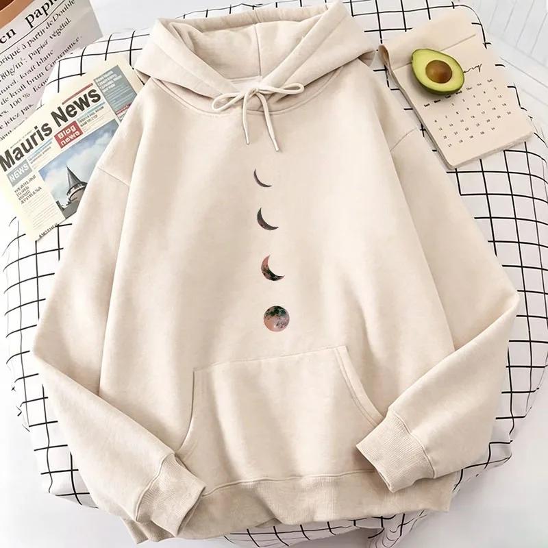 Harajuku Trendy Women's Moon Graphic Print Hoodie Autumn Winter Casual Loose Sweatshirt with Pocket Long Sleeve Casual Women Top