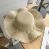 French Style Pearls Strap Straw Hat Wide Brim Women's Sun Hat Ins Folding Straw Hats  Girls