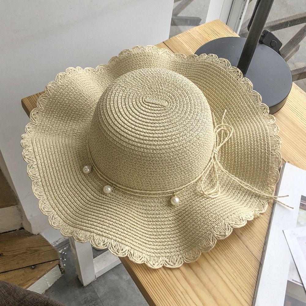 French Style Pearls Strap Straw Hat Wide Brim Women's Sun Hat Ins Folding Straw Hats  Girls